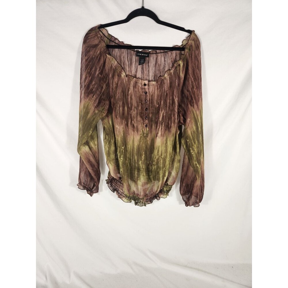 Womens Sheer Holiday Witchy Peasant Blouse Lane Bryant Brown Green Metalic 14/16
